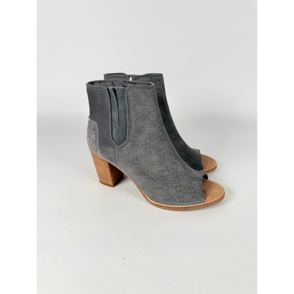 TOMS Majorca Grey Suede Perforated Peep Toe Block Heel Booties‎ Ankle Boots